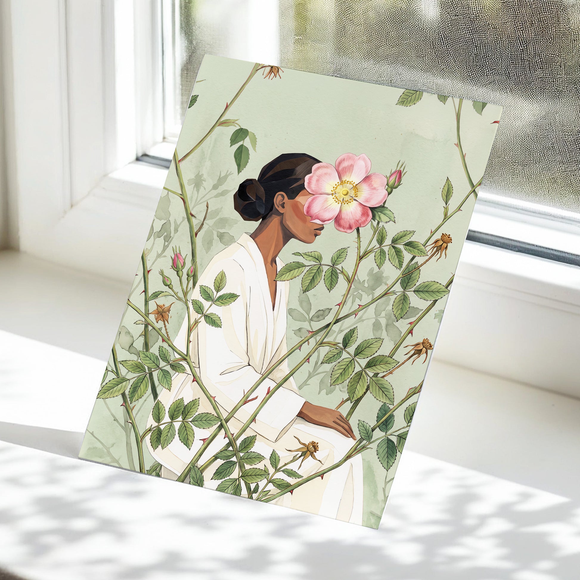Rosebound Reverie, green, beige, pink floral wall art displayed in a styled interior, gallery view 5
