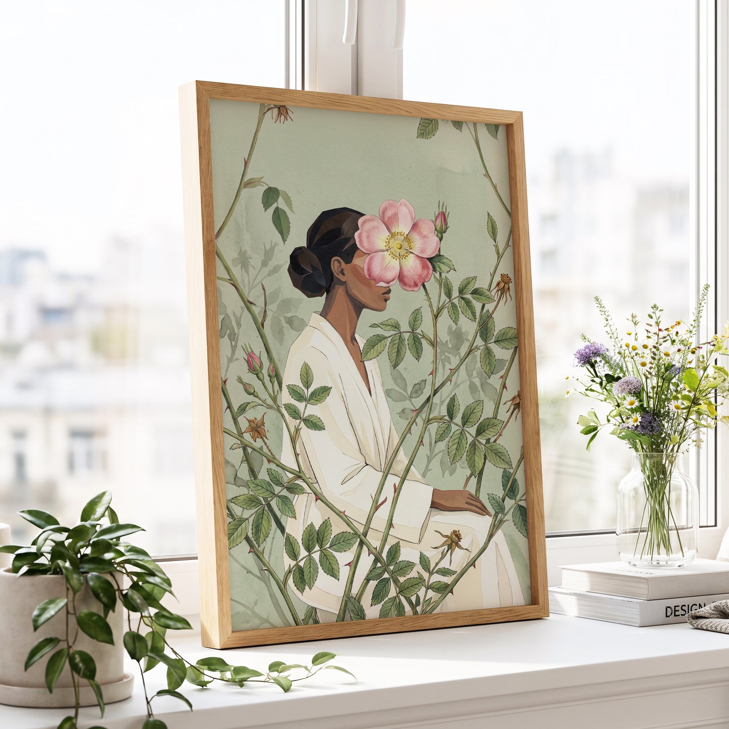 Rosebound Reverie, green, beige, pink floral wall art displayed in a styled interior, gallery view 6