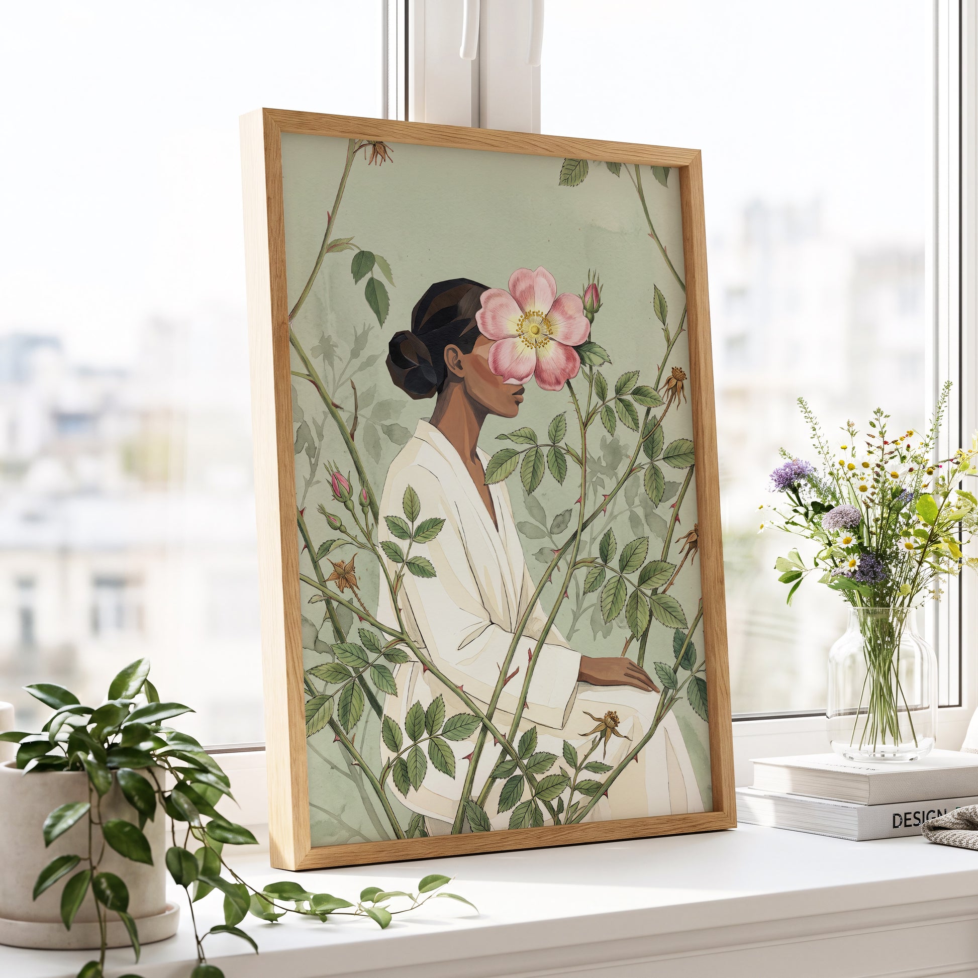 Rosebound Reverie, green, beige, pink floral wall art displayed in a styled interior, gallery view 6