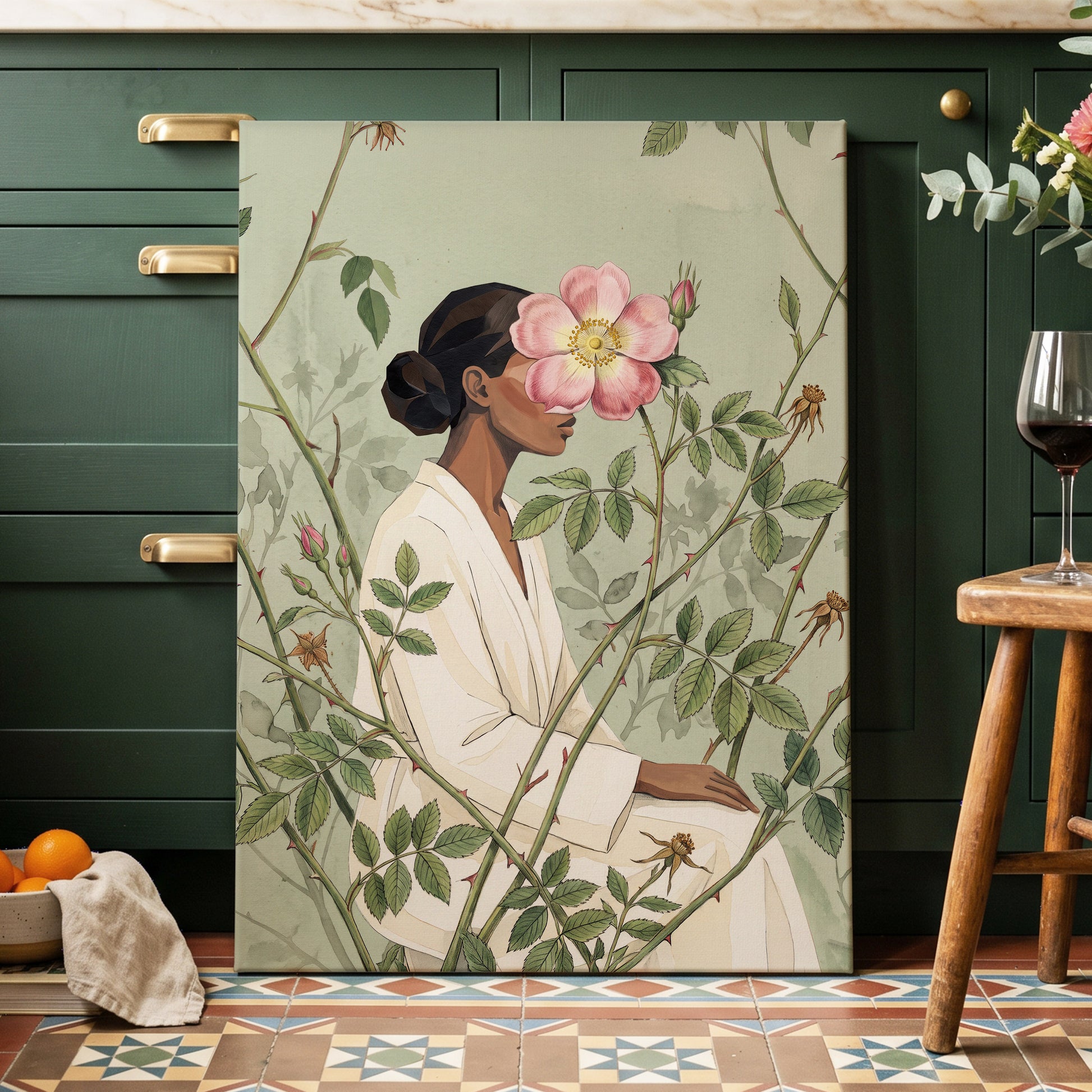 Rosebound Reverie, green, beige, pink floral wall art displayed in a styled interior, gallery view 7