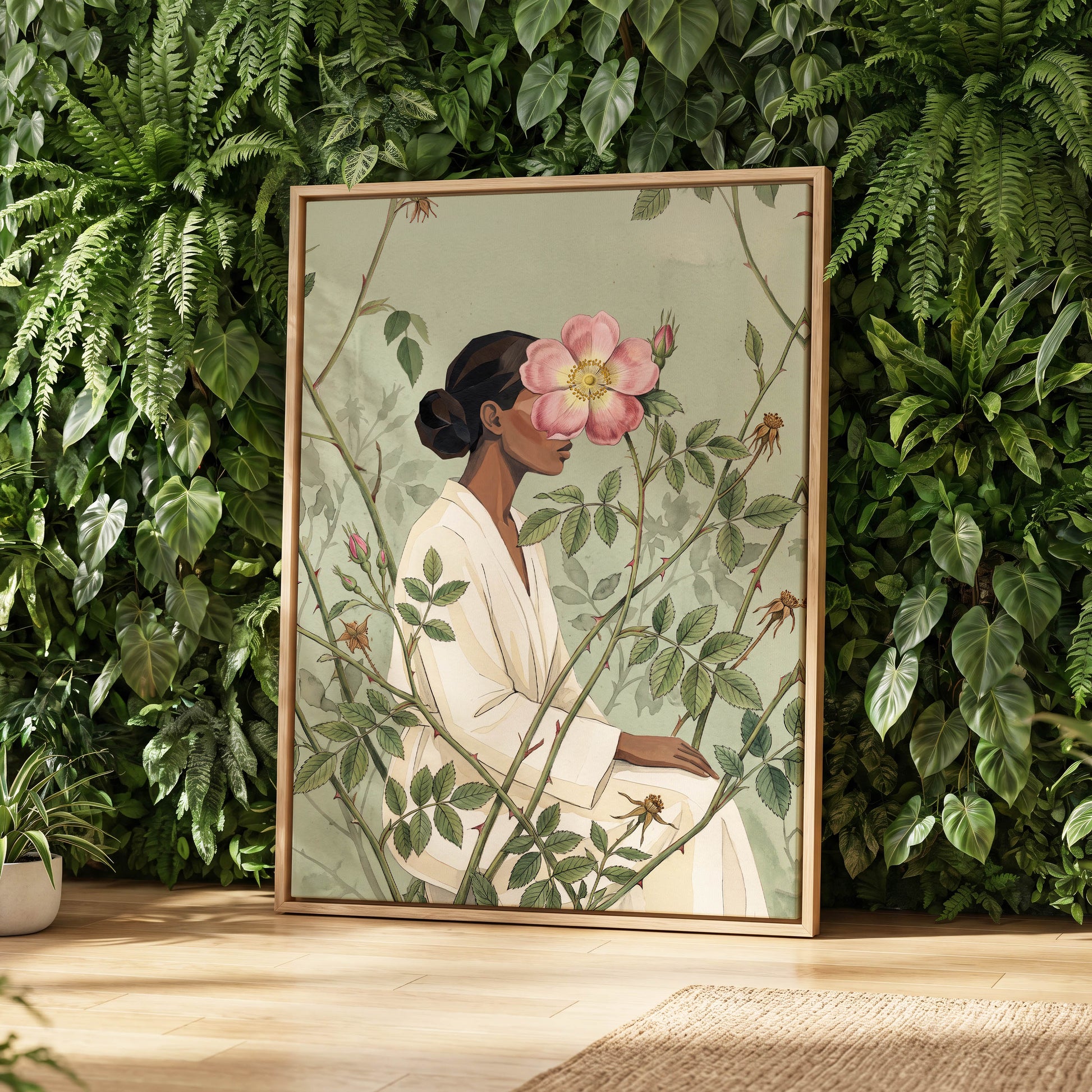 Rosebound Reverie, green, beige, pink floral wall art displayed in a styled interior, gallery view 8