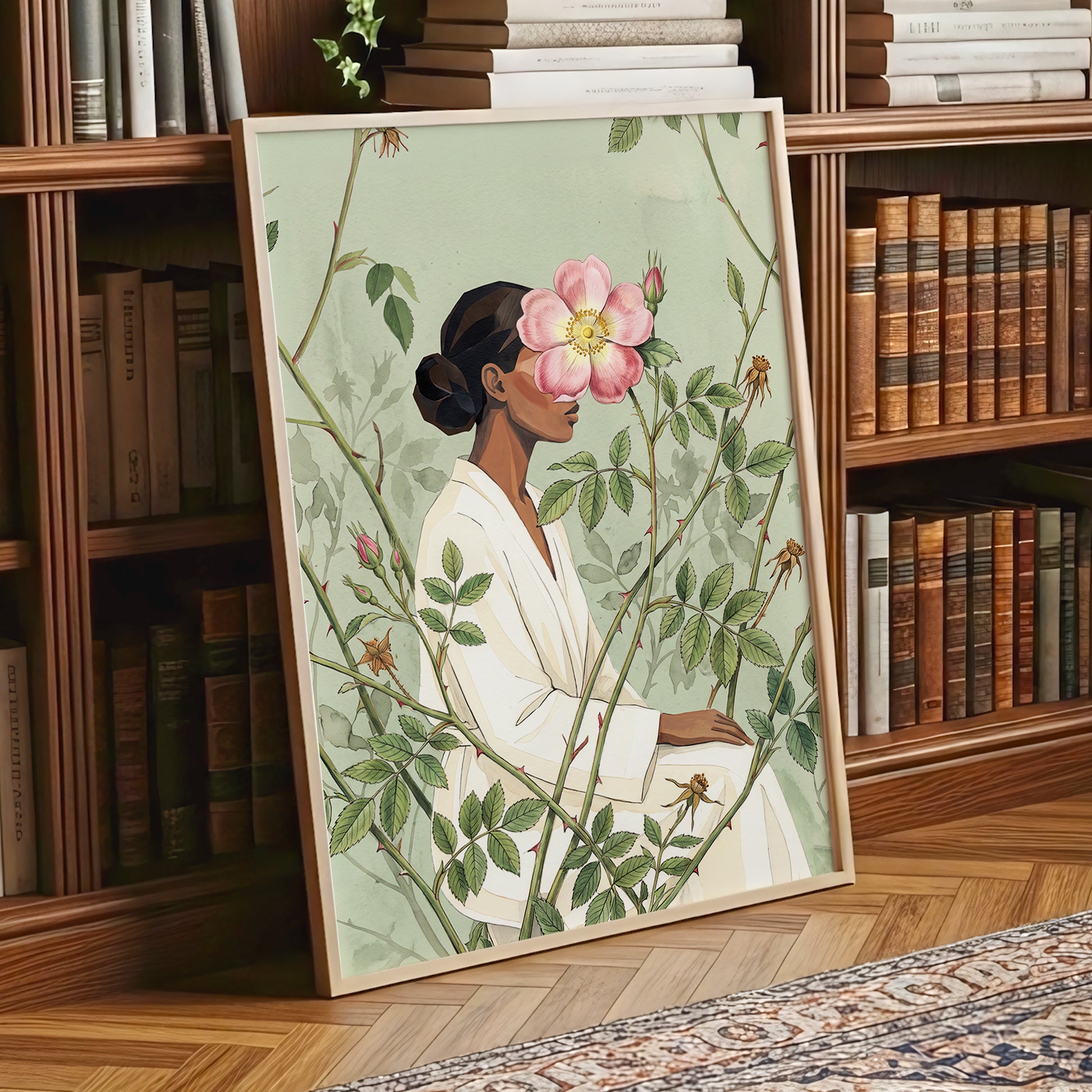 Rosebound Reverie, green, beige, pink floral wall art displayed in a styled interior, gallery view 9