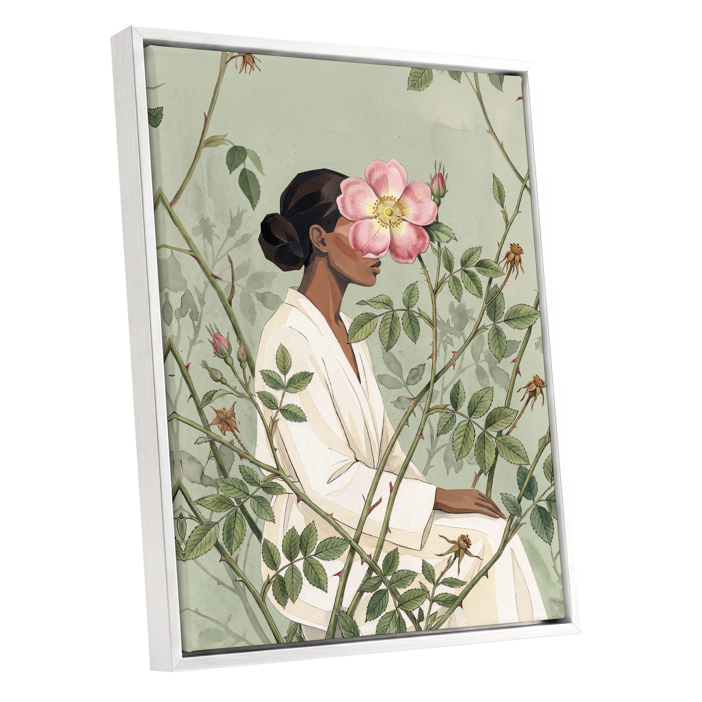 Rosebound Reverie, green, beige, pink floral wall art shown as a white framed canvas wall art