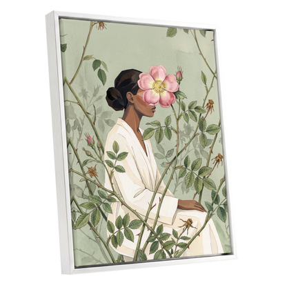 Rosebound Reverie, green, beige, pink floral wall art shown as a white framed canvas wall art