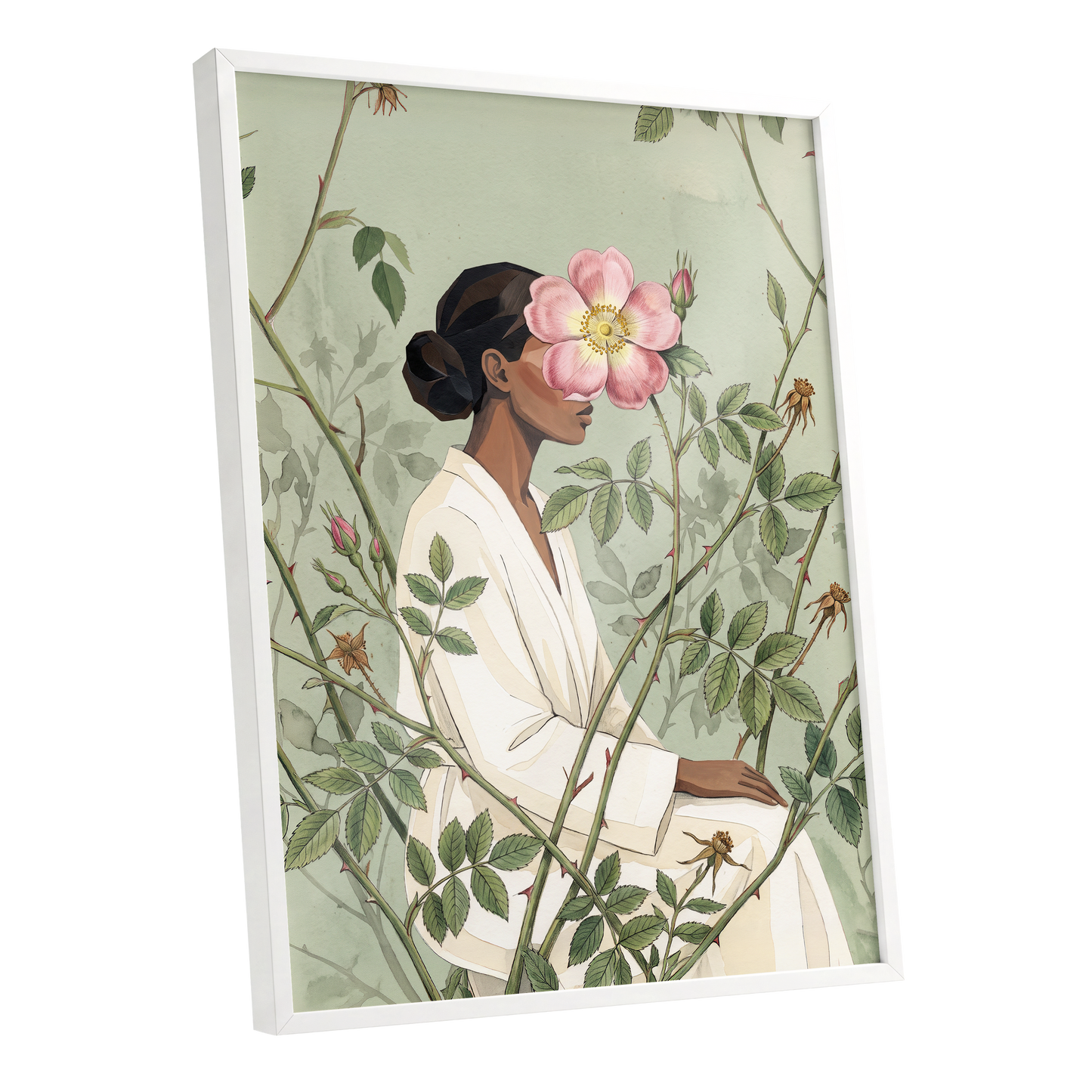 Rosebound Reverie, green, beige, pink floral wall art shown as a white framed poster wall art print