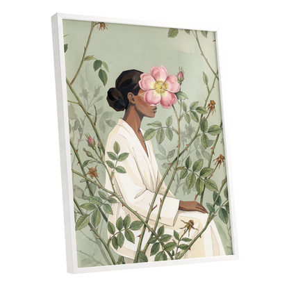 Rosebound Reverie, green, beige, pink floral wall art shown as a white framed poster wall art print