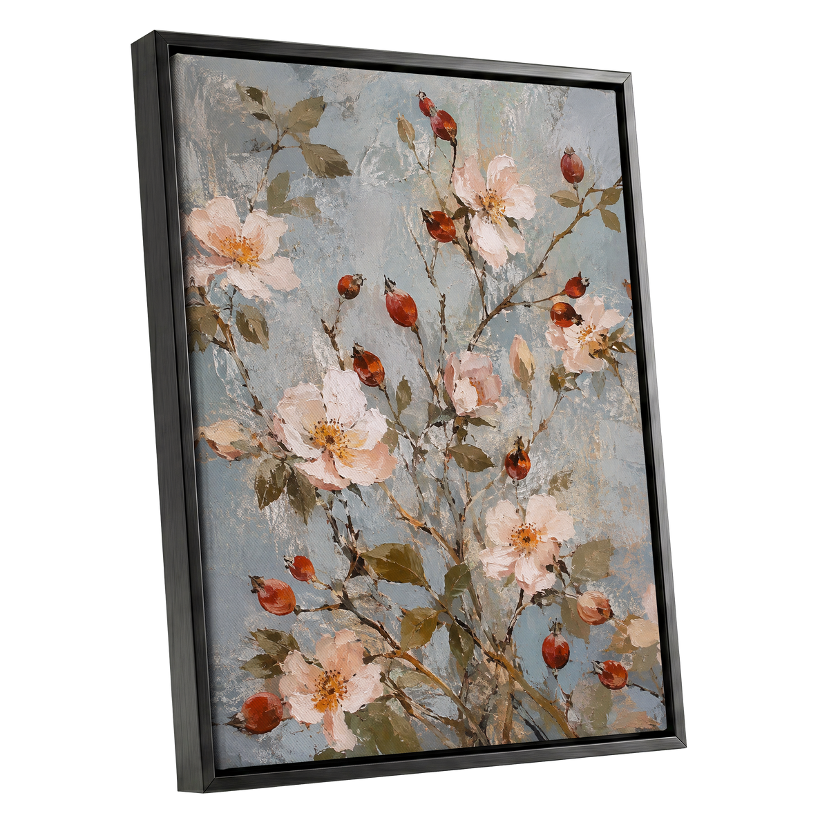 Rosehip Reverie, blue, pink, red floral wall art shown as a black framed canvas wall art