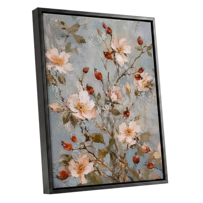 Rosehip Reverie, blue, pink, red floral wall art shown as a black framed canvas wall art