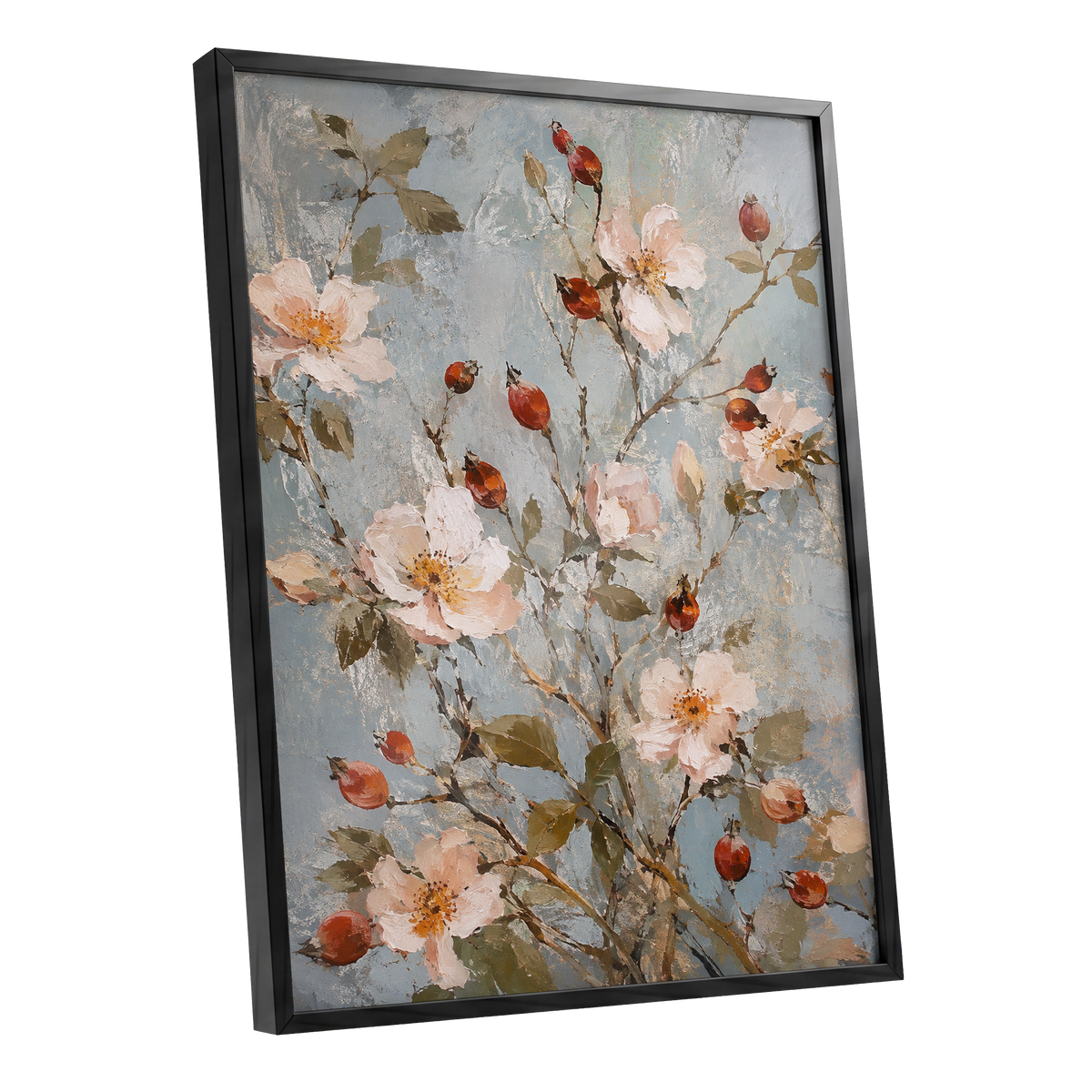 Rosehip Reverie, blue, pink, red floral wall art shown as a black framed poster wall art print