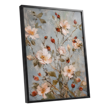 Rosehip Reverie, blue, pink, red floral wall art shown as a black framed poster wall art print