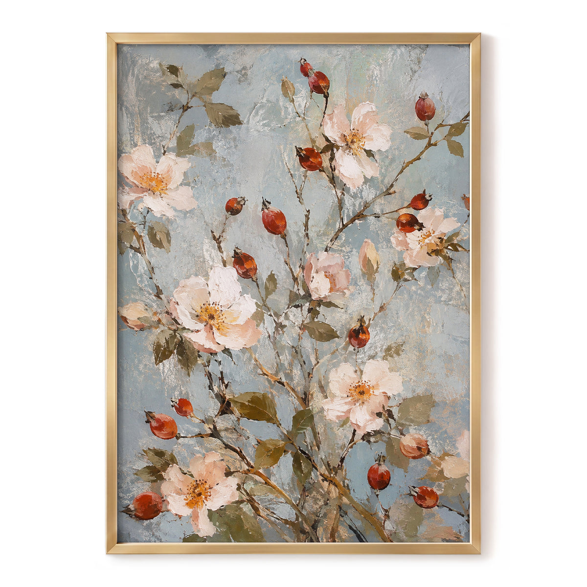 Rosehip Reverie, blue, pink, red floral wall art, front artwork view