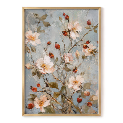 Rosehip Reverie, blue, pink, red floral wall art, front artwork view
