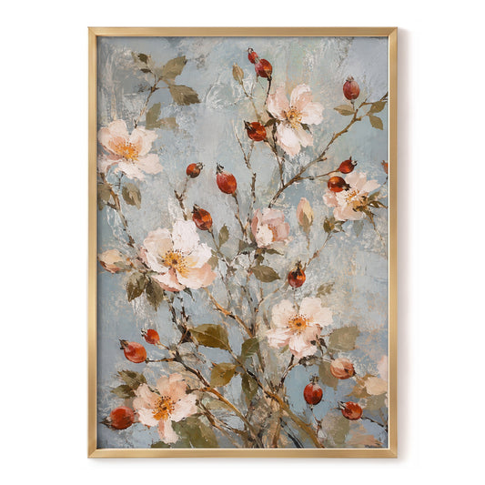 Rosehip Reverie, blue, pink, red floral wall art, front artwork view