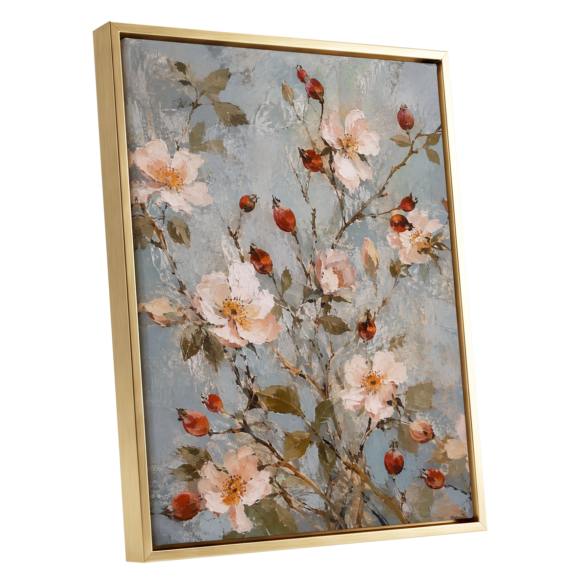 Rosehip Reverie, blue, pink, red floral wall art shown as a gold framed canvas wall art