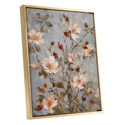 Rosehip Reverie, blue, pink, red floral wall art shown as a gold framed canvas wall art
