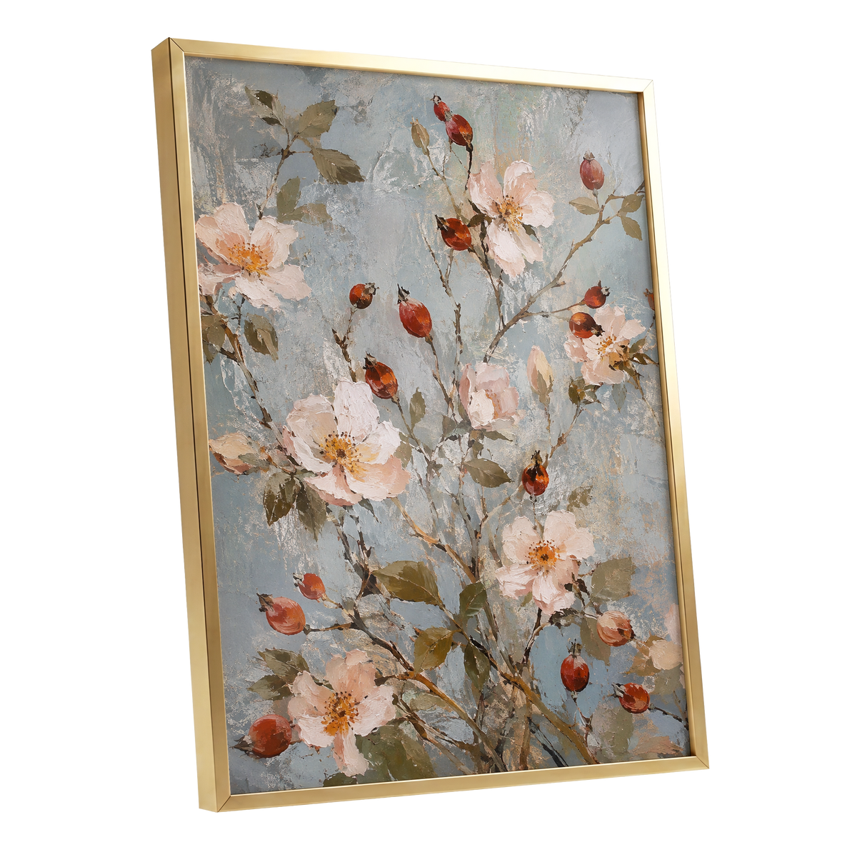 Rosehip Reverie, blue, pink, red floral wall art shown as a gold framed poster wall art print