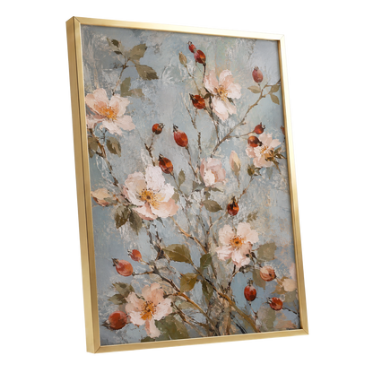 Rosehip Reverie, blue, pink, red floral wall art shown as a gold framed poster wall art print
