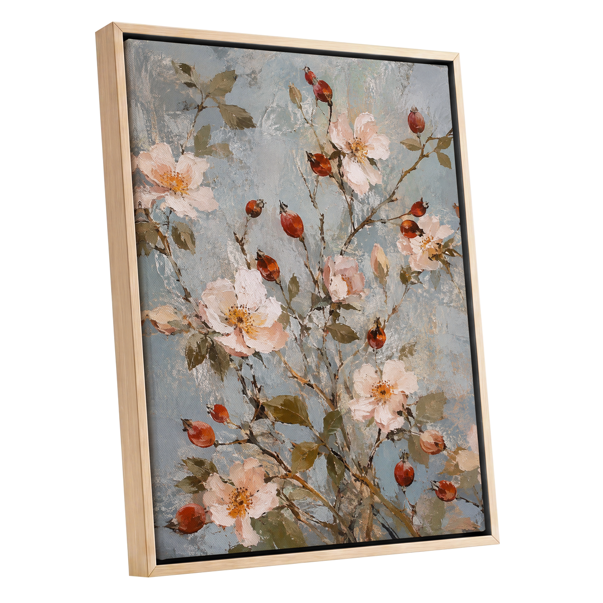 Rosehip Reverie, blue, pink, red floral wall art shown as a oak framed canvas wall art