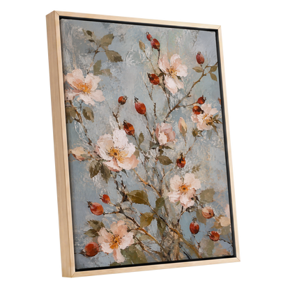 Rosehip Reverie, blue, pink, red floral wall art shown as a oak framed canvas wall art
