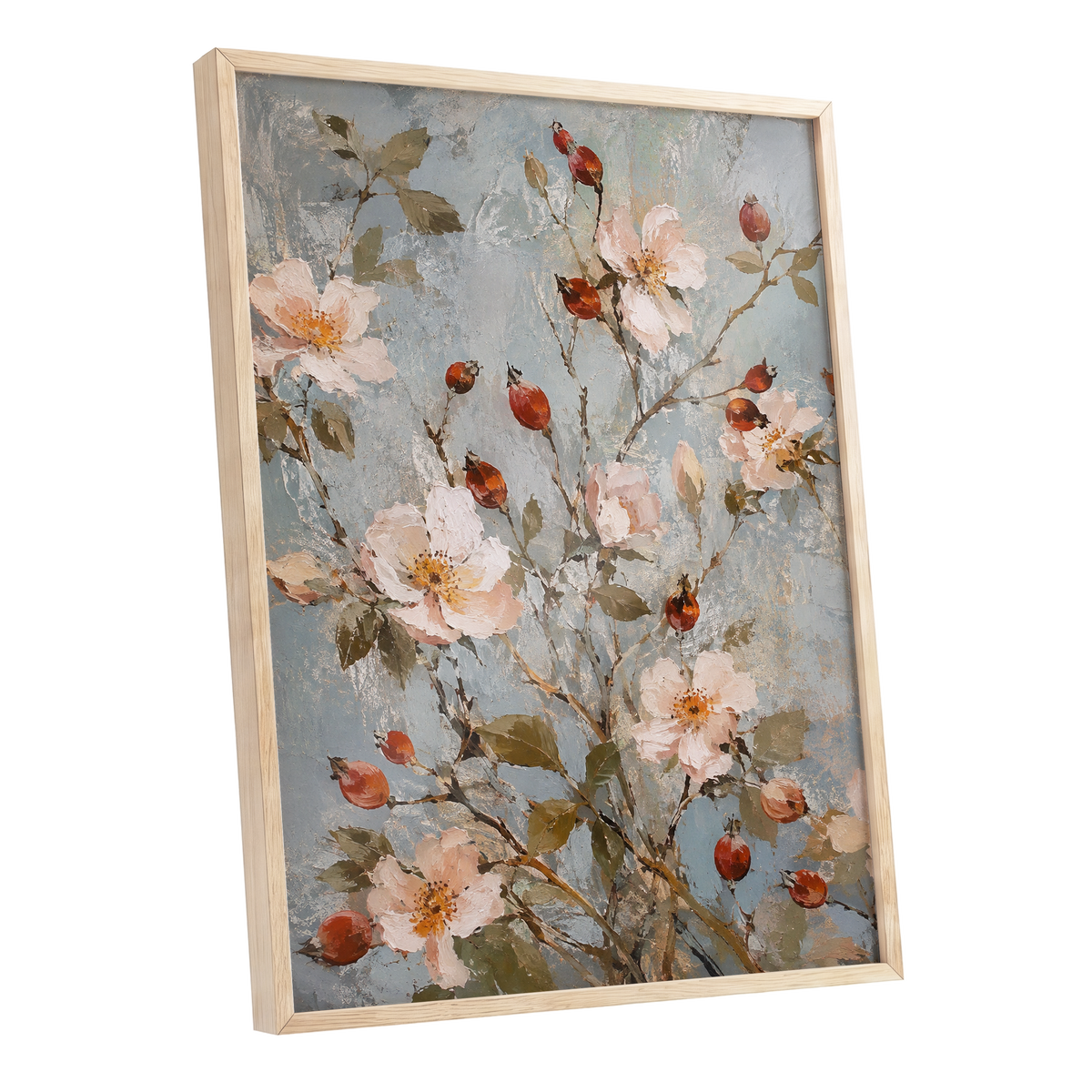 Rosehip Reverie, blue, pink, red floral wall art shown as a oak framed poster wall art print