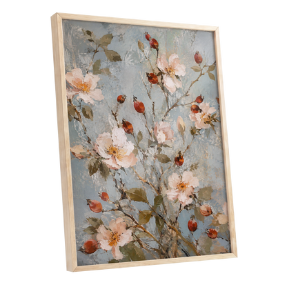 Rosehip Reverie, blue, pink, red floral wall art shown as a oak framed poster wall art print