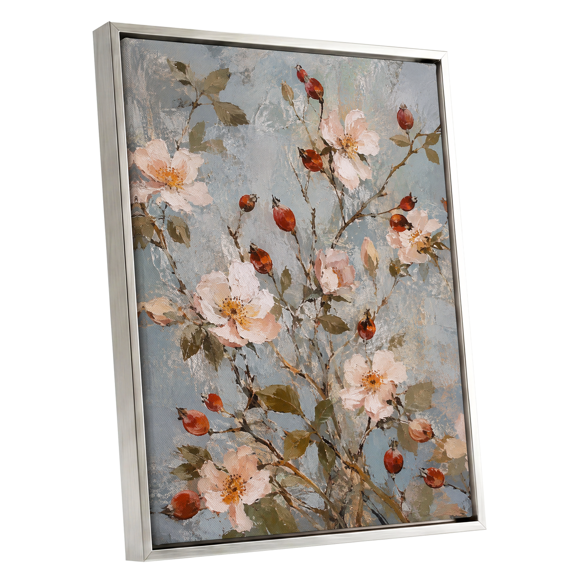 Rosehip Reverie, blue, pink, red floral wall art shown as a silver framed canvas wall art
