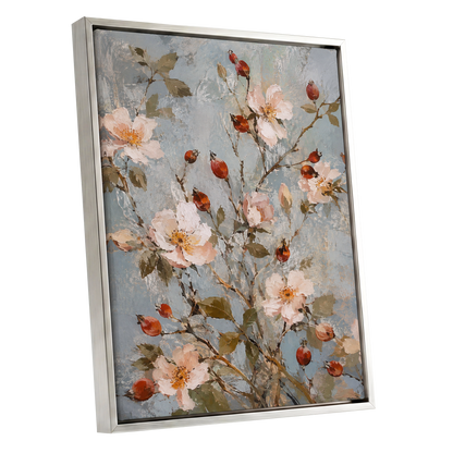 Rosehip Reverie, blue, pink, red floral wall art shown as a silver framed canvas wall art