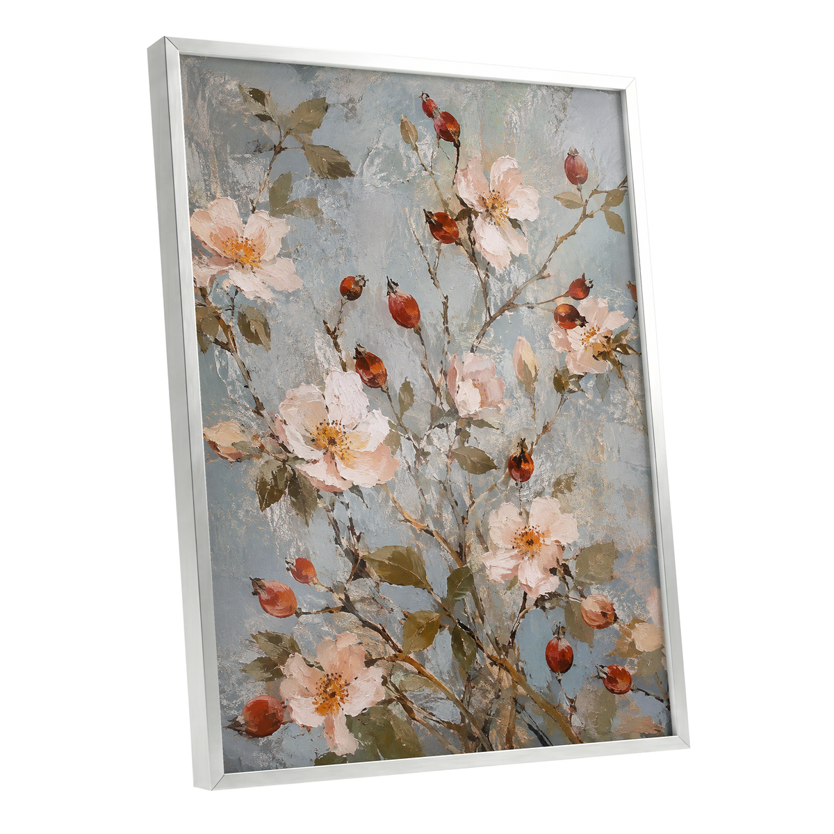 Rosehip Reverie, blue, pink, red floral wall art shown as a silver framed poster wall art print