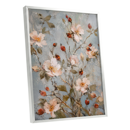 Rosehip Reverie, blue, pink, red floral wall art shown as a silver framed poster wall art print
