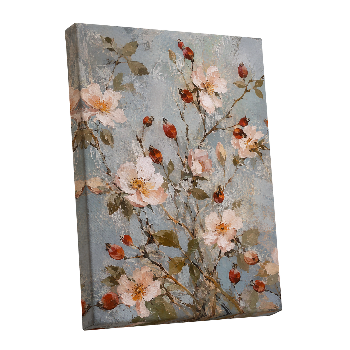 Rosehip Reverie, blue, pink, red floral wall art shown as a stretched canvas wall art
