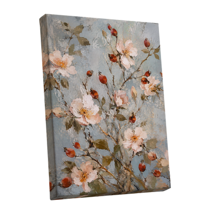 Rosehip Reverie, blue, pink, red floral wall art shown as a stretched canvas wall art