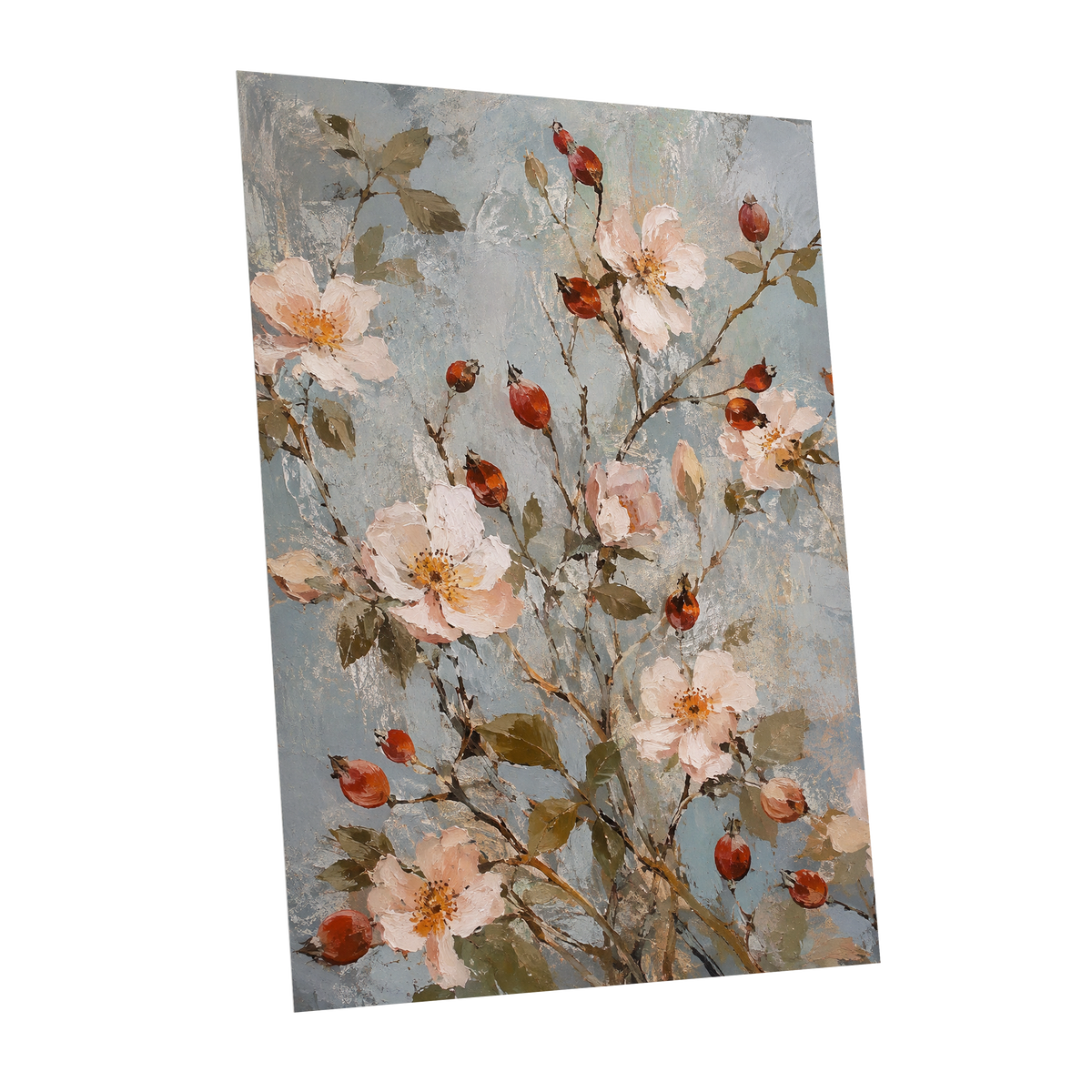 Rosehip Reverie, blue, pink, red floral wall art shown as a unframed poster wall art print