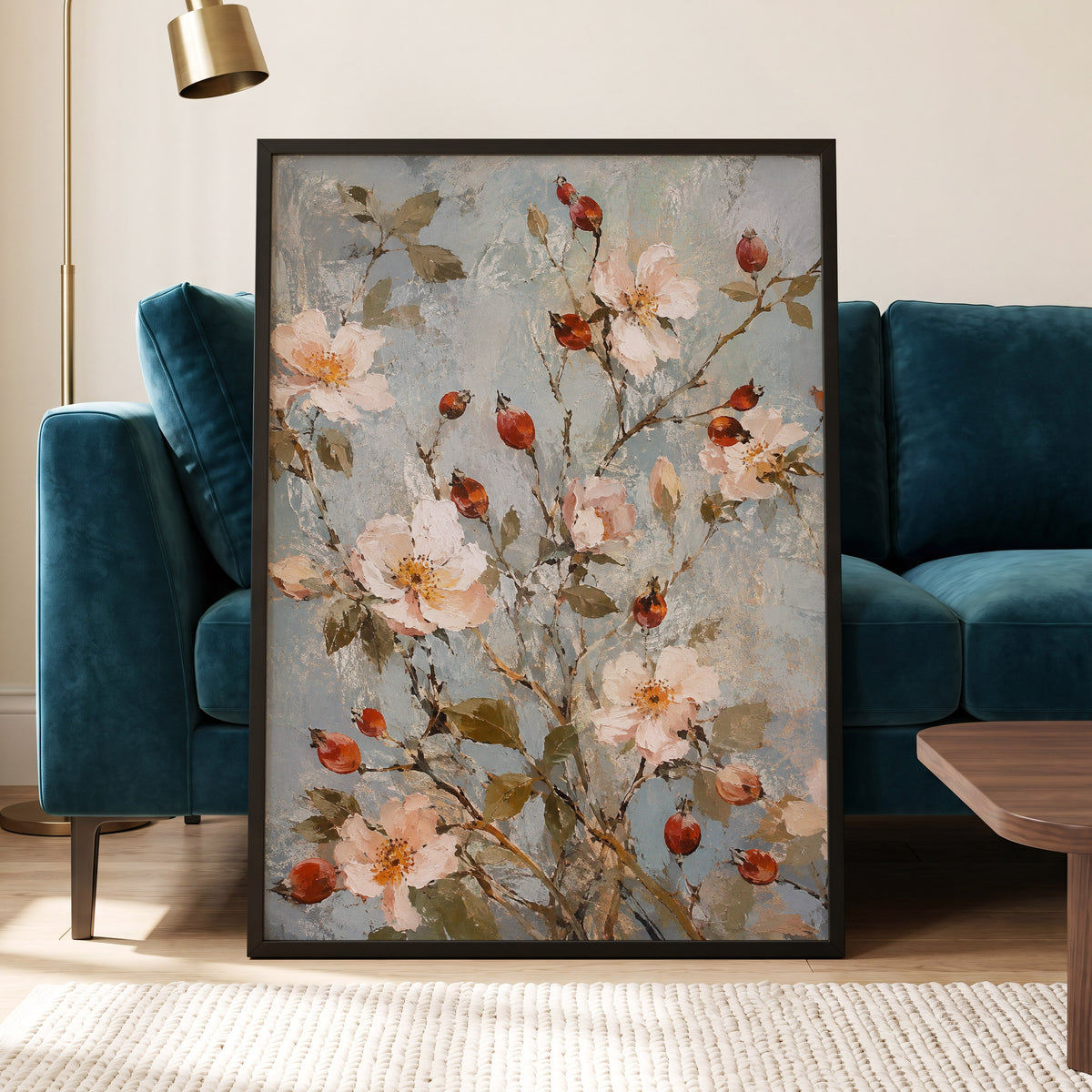 Rosehip Reverie, blue, pink, red floral wall art displayed in a styled interior, gallery view 2