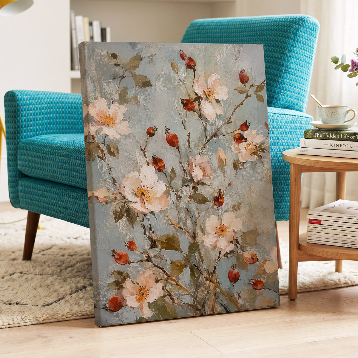 Rosehip Reverie, blue, pink, red floral wall art displayed in a styled interior, gallery view 3