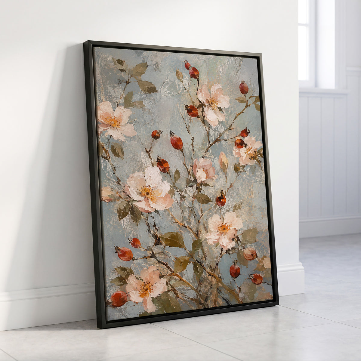 Rosehip Reverie, blue, pink, red floral wall art displayed in a styled interior, gallery view 4