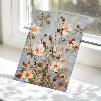 Rosehip Reverie, blue, pink, red floral wall art displayed in a styled interior, gallery view 5
