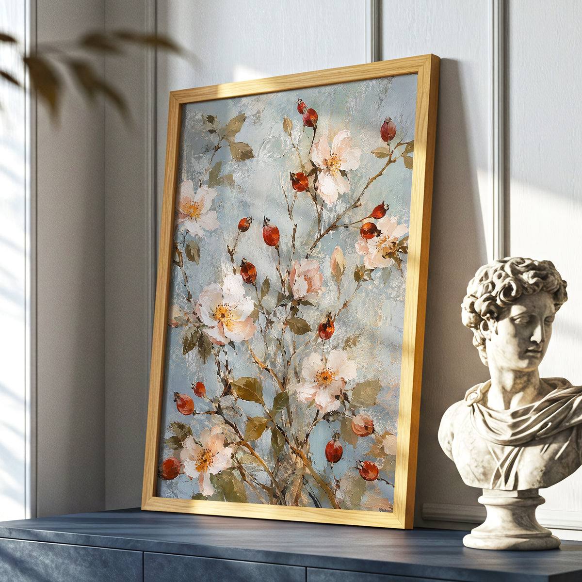 Rosehip Reverie, blue, pink, red floral wall art displayed in a styled interior, gallery view 6