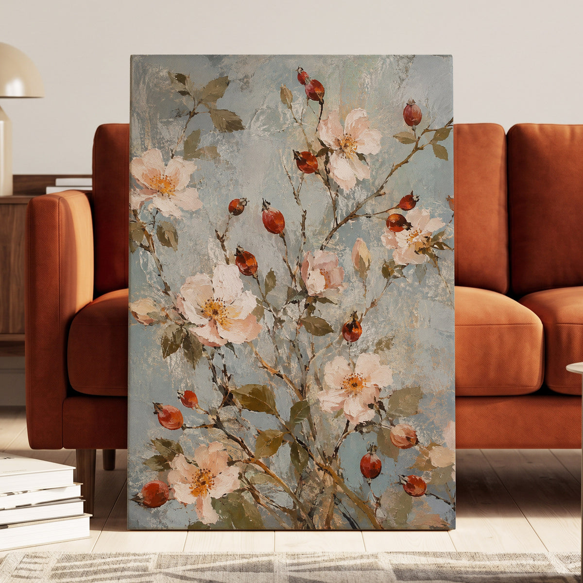 Rosehip Reverie, blue, pink, red floral wall art displayed in a styled interior, gallery view 7