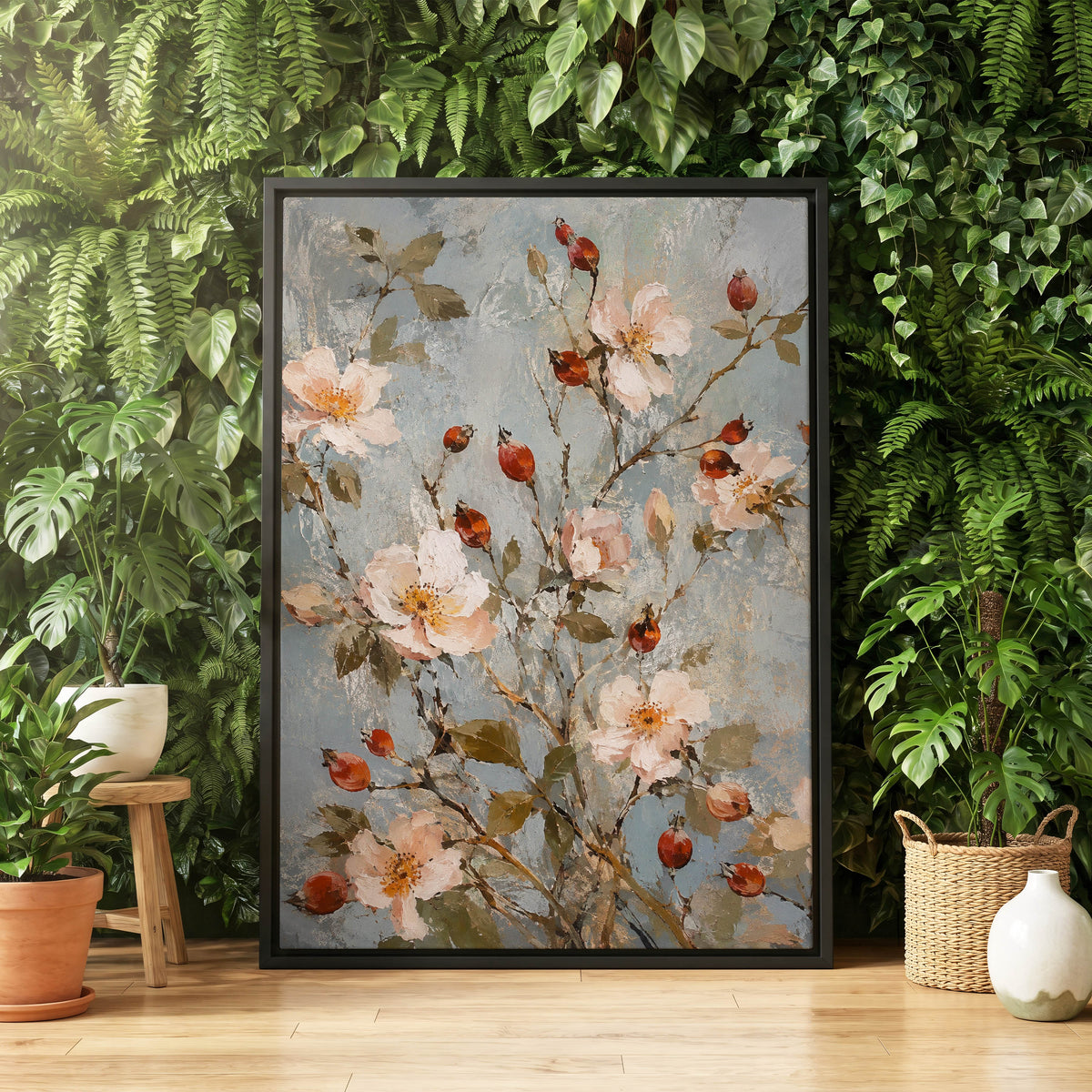 Rosehip Reverie, blue, pink, red floral wall art displayed in a styled interior, gallery view 8