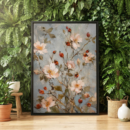 Rosehip Reverie, blue, pink, red floral wall art displayed in a styled interior, gallery view 8