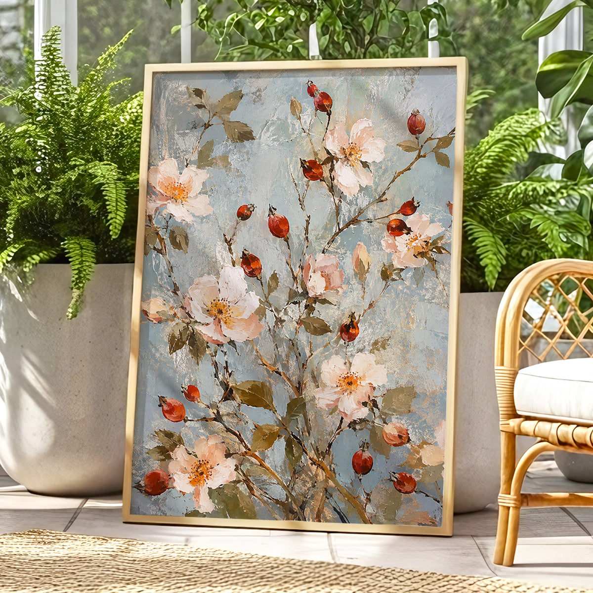 Rosehip Reverie, blue, pink, red floral wall art displayed in a styled interior, gallery view 9