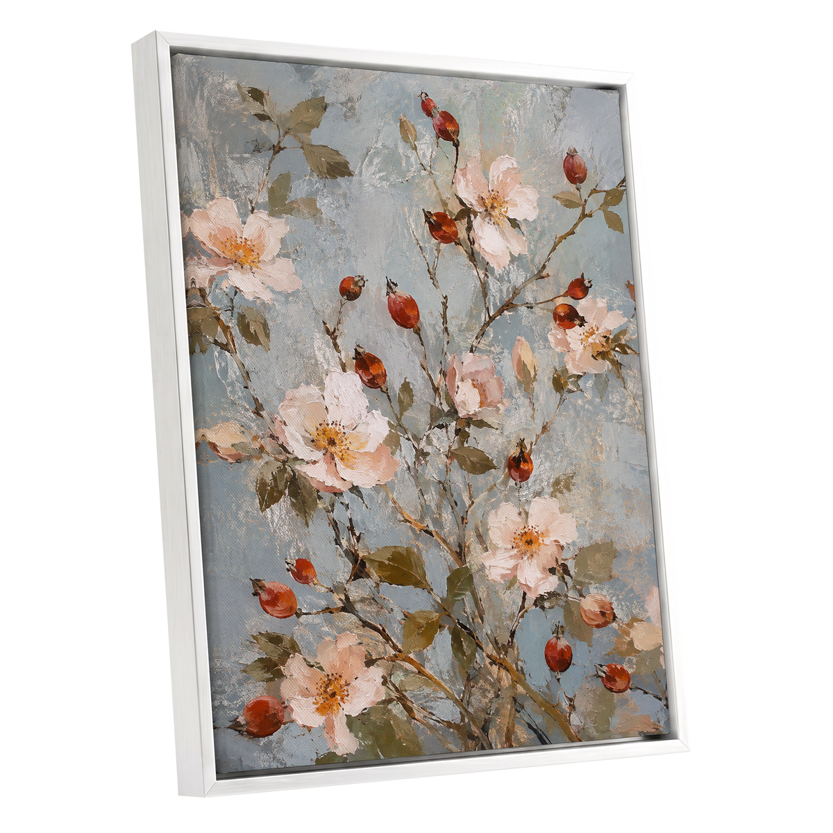 Rosehip Reverie, blue, pink, red floral wall art shown as a white framed canvas wall art