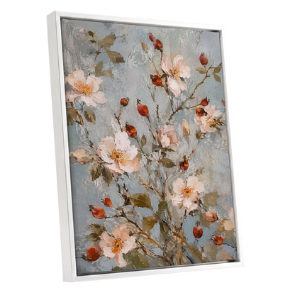 Rosehip Reverie, blue, pink, red floral wall art shown as a white framed canvas wall art