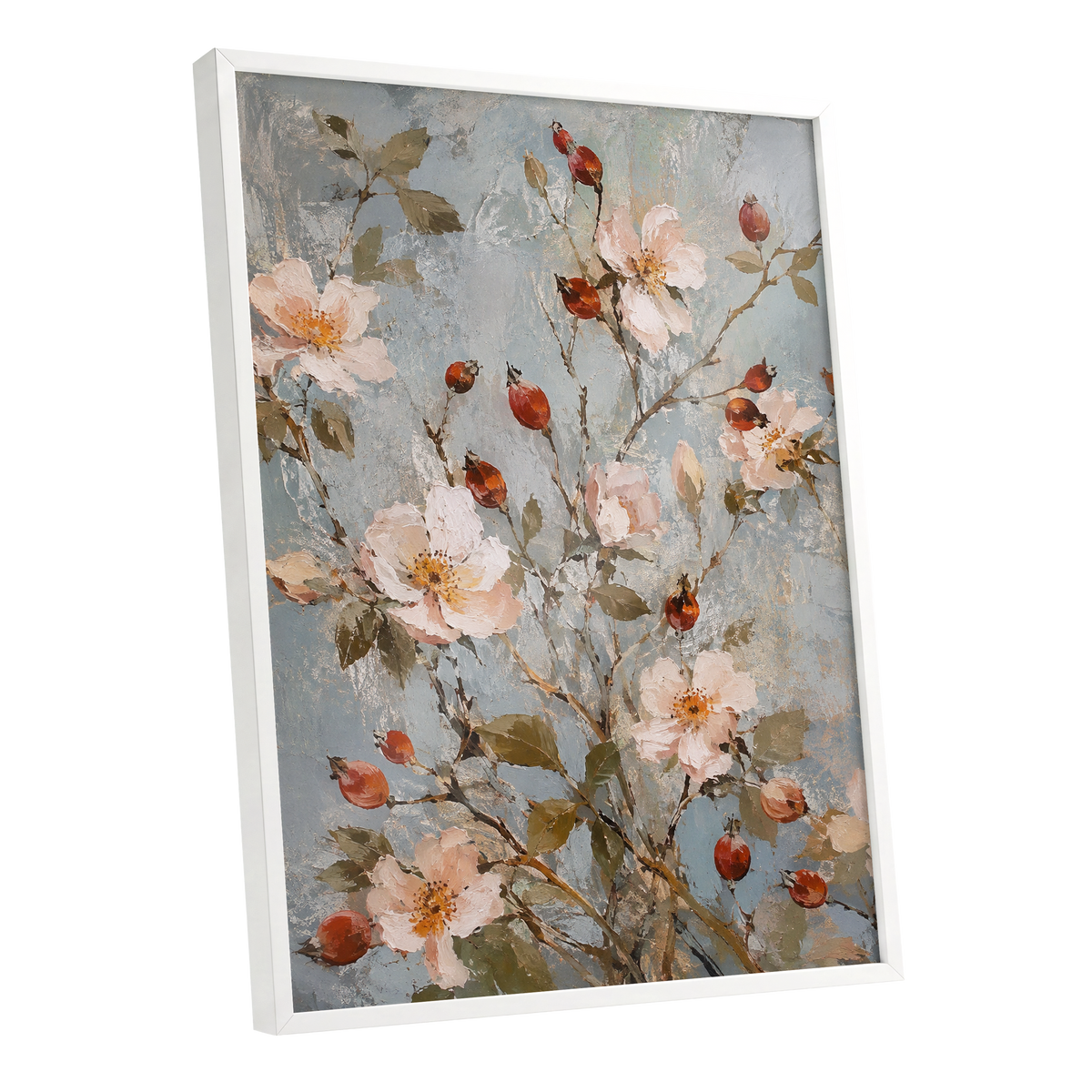 Rosehip Reverie, blue, pink, red floral wall art shown as a white framed poster wall art print