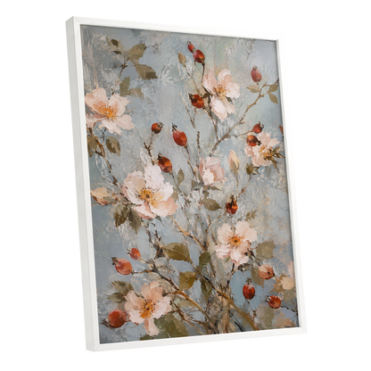 Rosehip Reverie, blue, pink, red floral wall art shown as a white framed poster wall art print