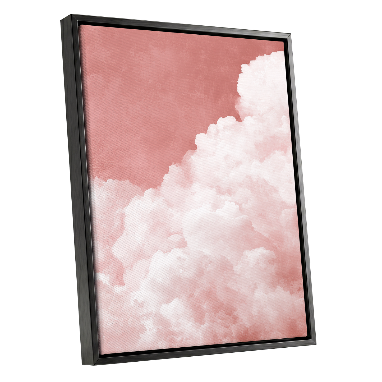 Rosewater Cloud Ascent, pink, white, beige nature wall art shown as a black framed canvas wall art