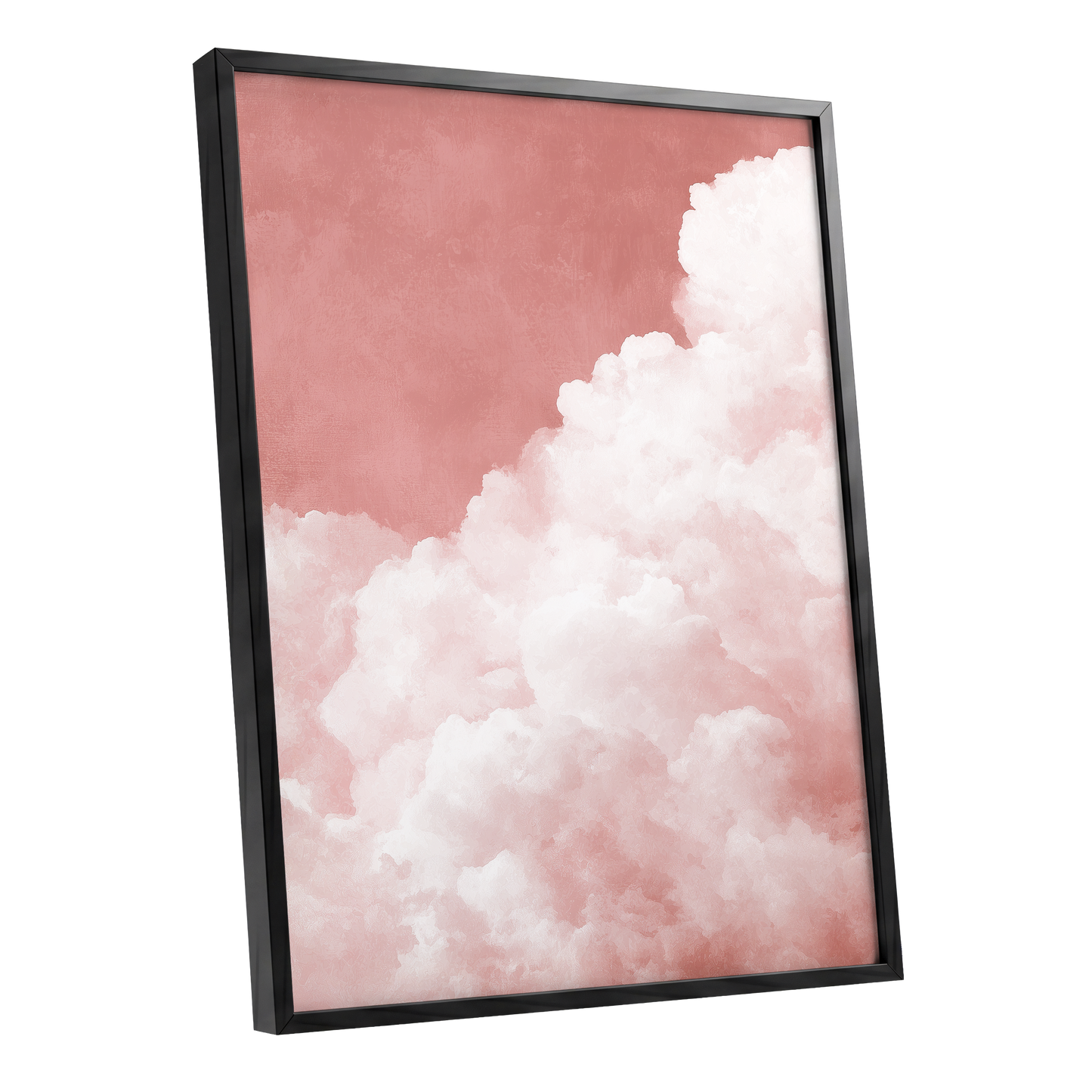 Rosewater Cloud Ascent, pink, white, beige nature wall art shown as a black framed poster wall art print