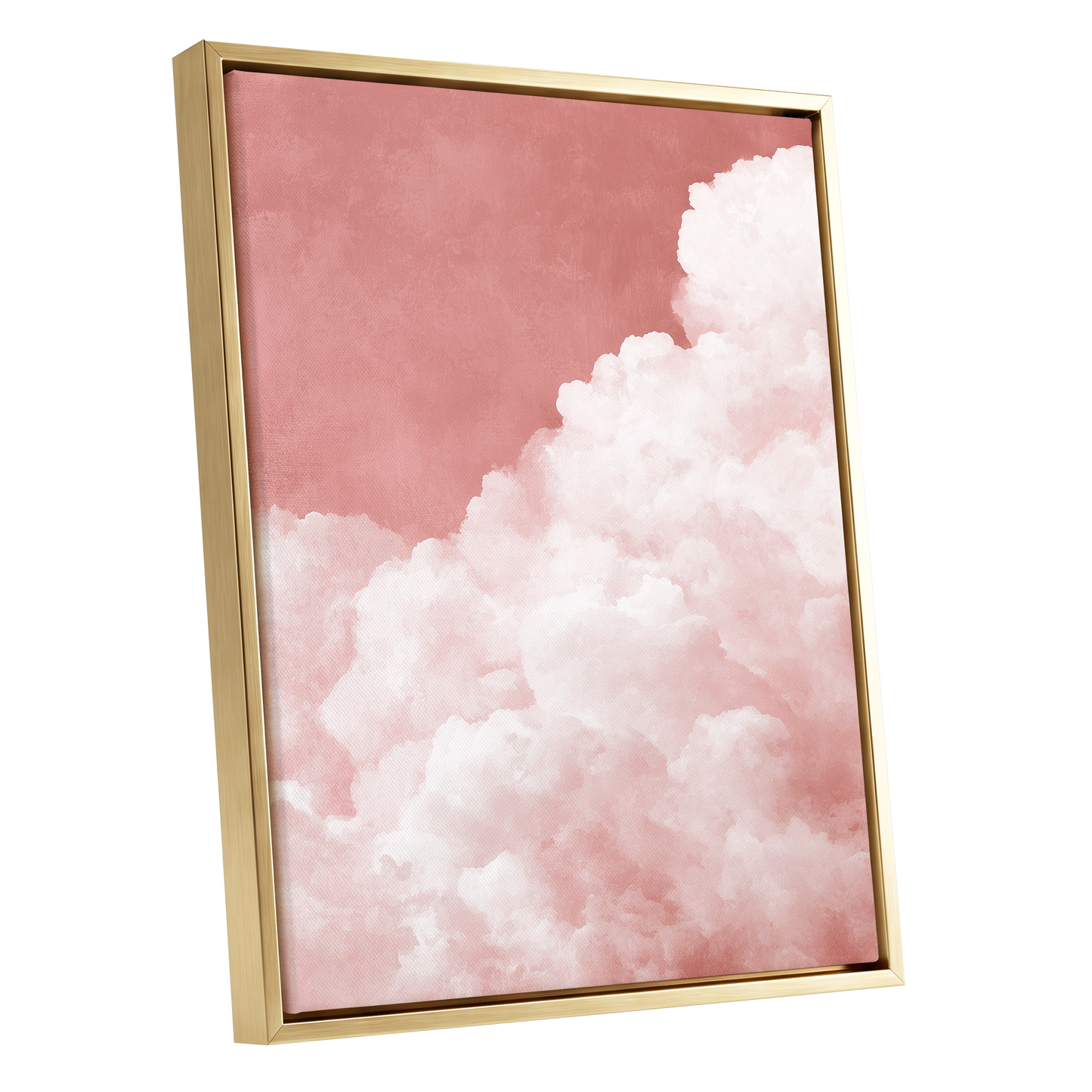 Rosewater Cloud Ascent, pink, white, beige nature wall art shown as a gold framed canvas wall art