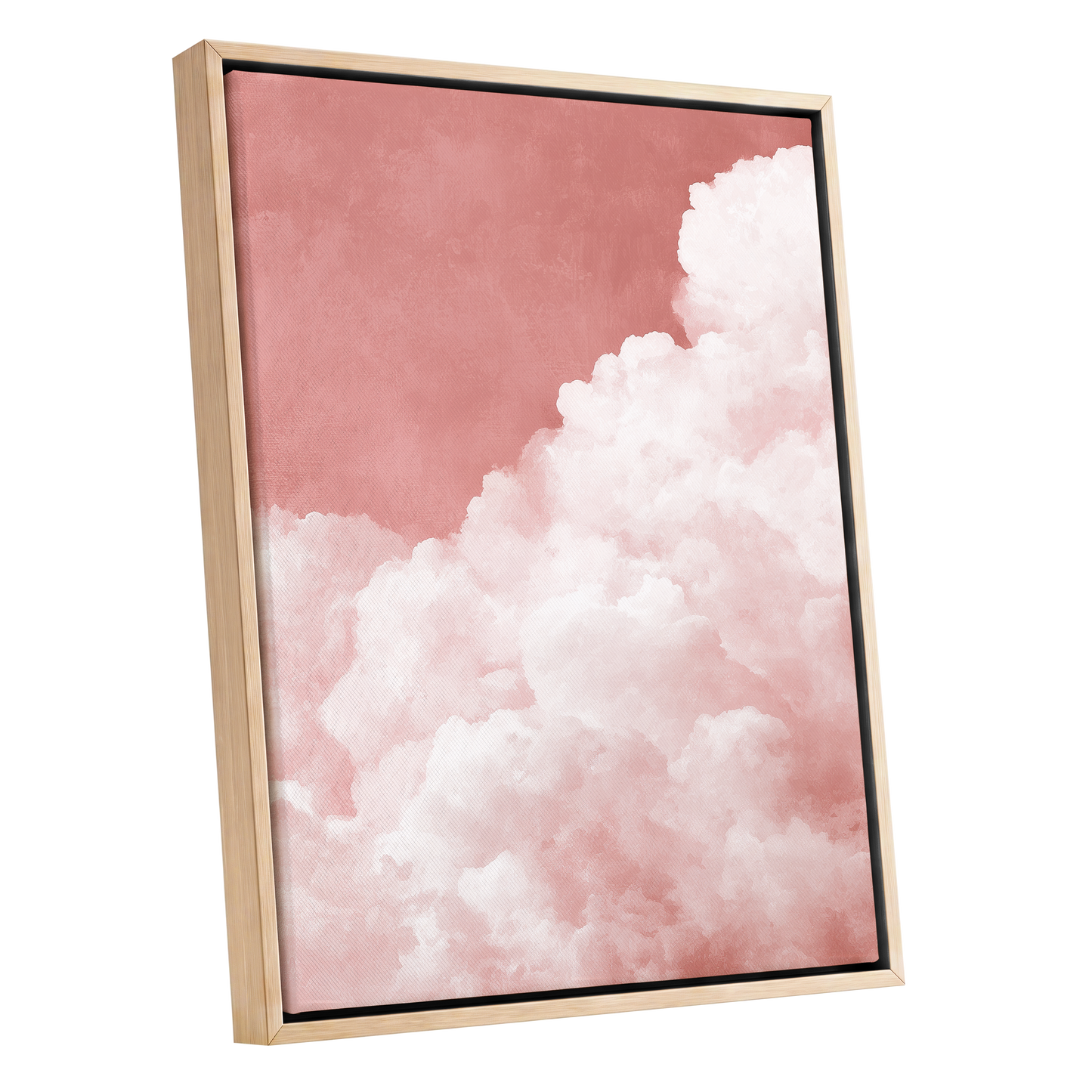 Rosewater Cloud Ascent, pink, white, beige nature wall art shown as a oak framed canvas wall art