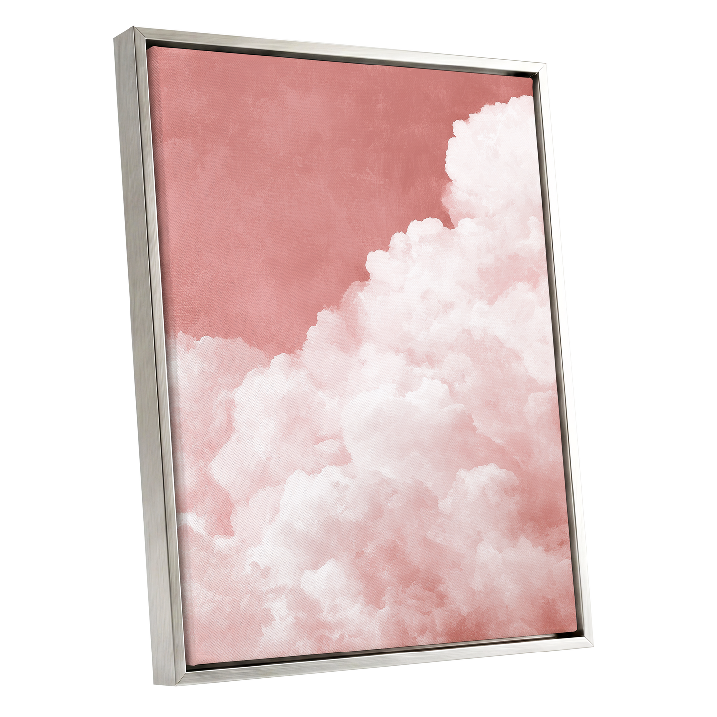 Rosewater Cloud Ascent, pink, white, beige nature wall art shown as a silver framed canvas wall art